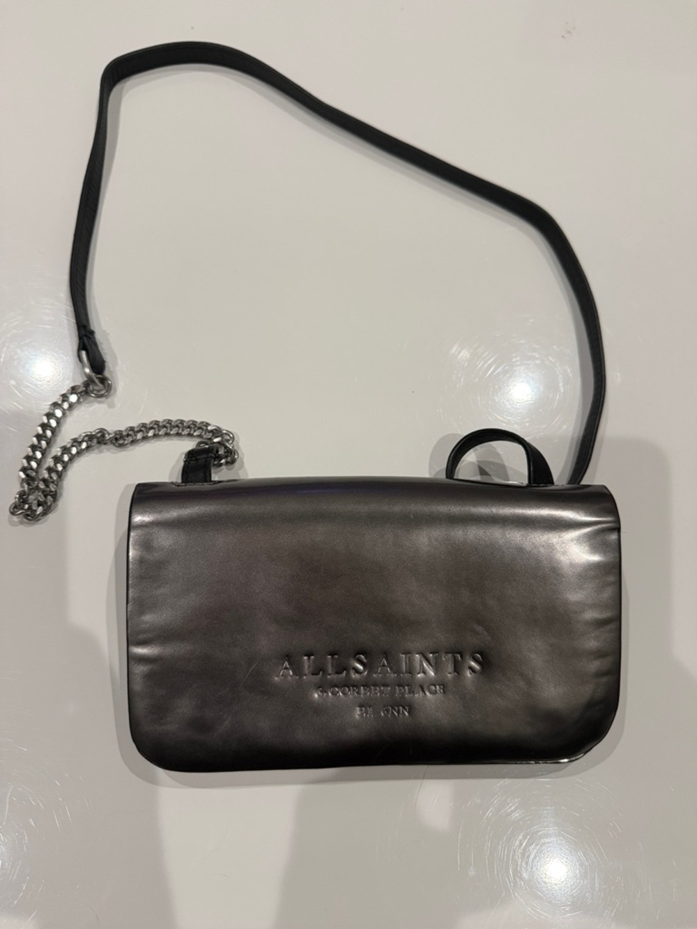 AllSaints Black Leather Shoulder Bag with Chain Accent